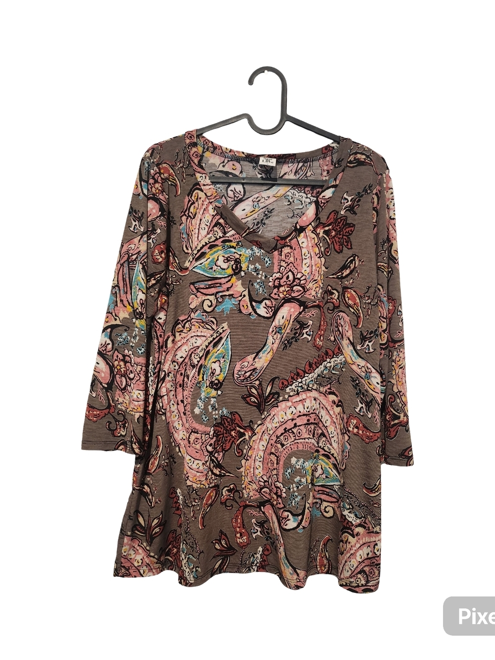 Sew In Love Brown Paisley V-Neck Blouse with Pink & Teal Accents